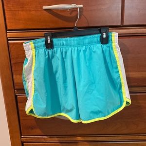 BCG running shorts with liner, color is aqua